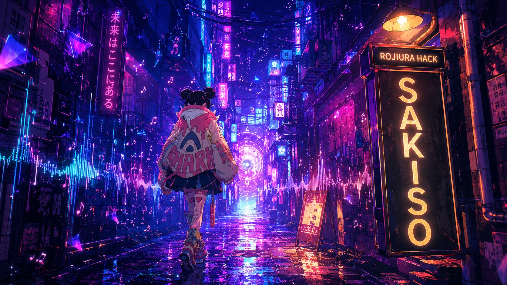 ネオンがきらめく夜の路地。光のゲートへ歩いていく後ろ姿と、金色に光るSAKISOの看板
